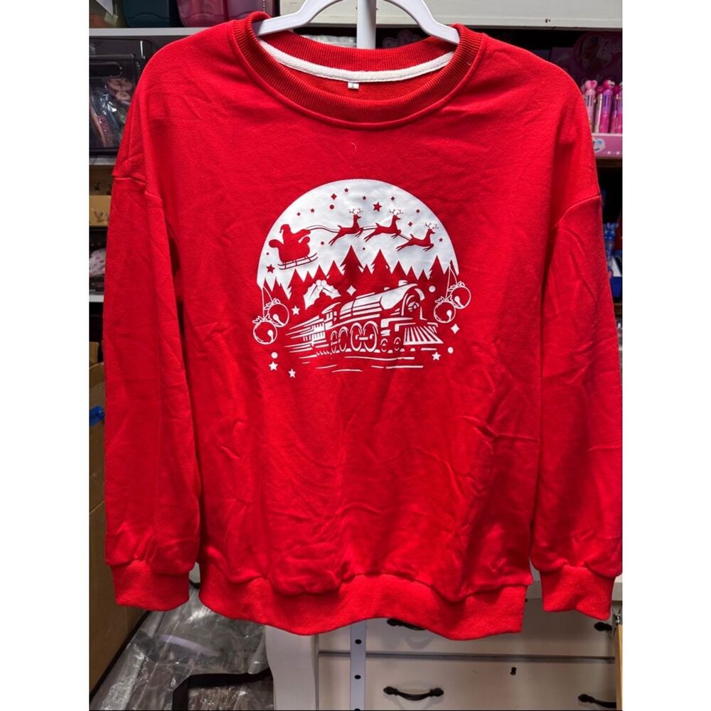 NWOT SZ Small Red Christmas‎ Train Sweatshirt with White Holiday Print